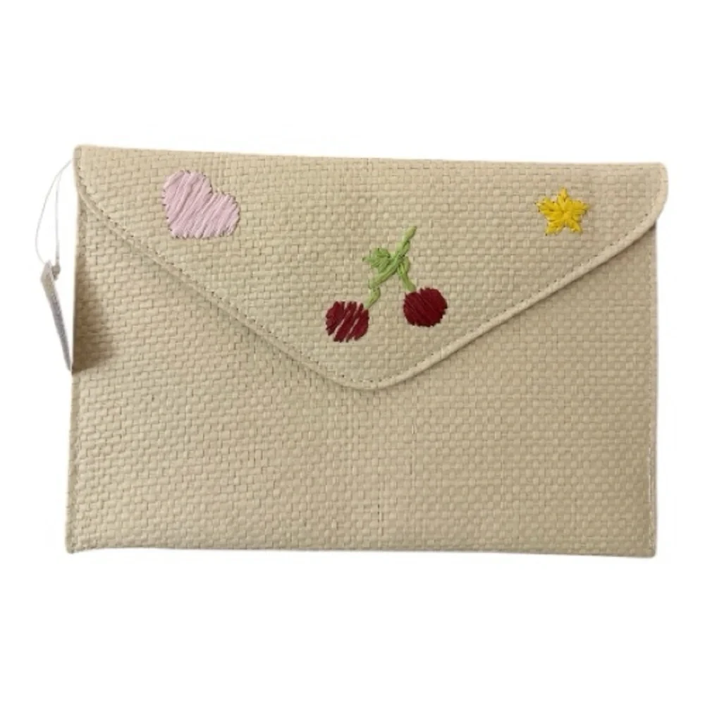 Color Play Straw Clutch with Embroidered  Cherry, Heart &‎ Straw Accents New
